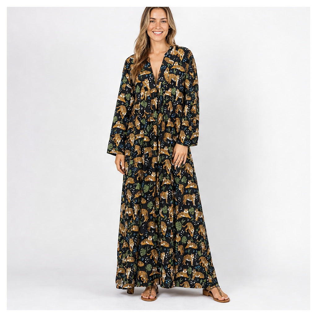 HS Kaftan Jurk - Meerdere Prints - Zwarte - gedragen op model