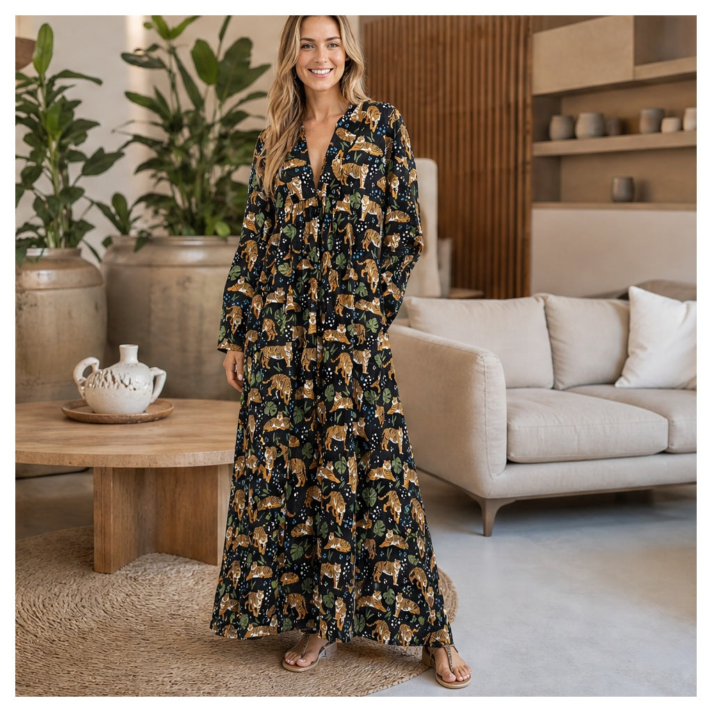 HS Kaftan Jurk - Meerdere Prints - Zwarte - sfeerbeeld