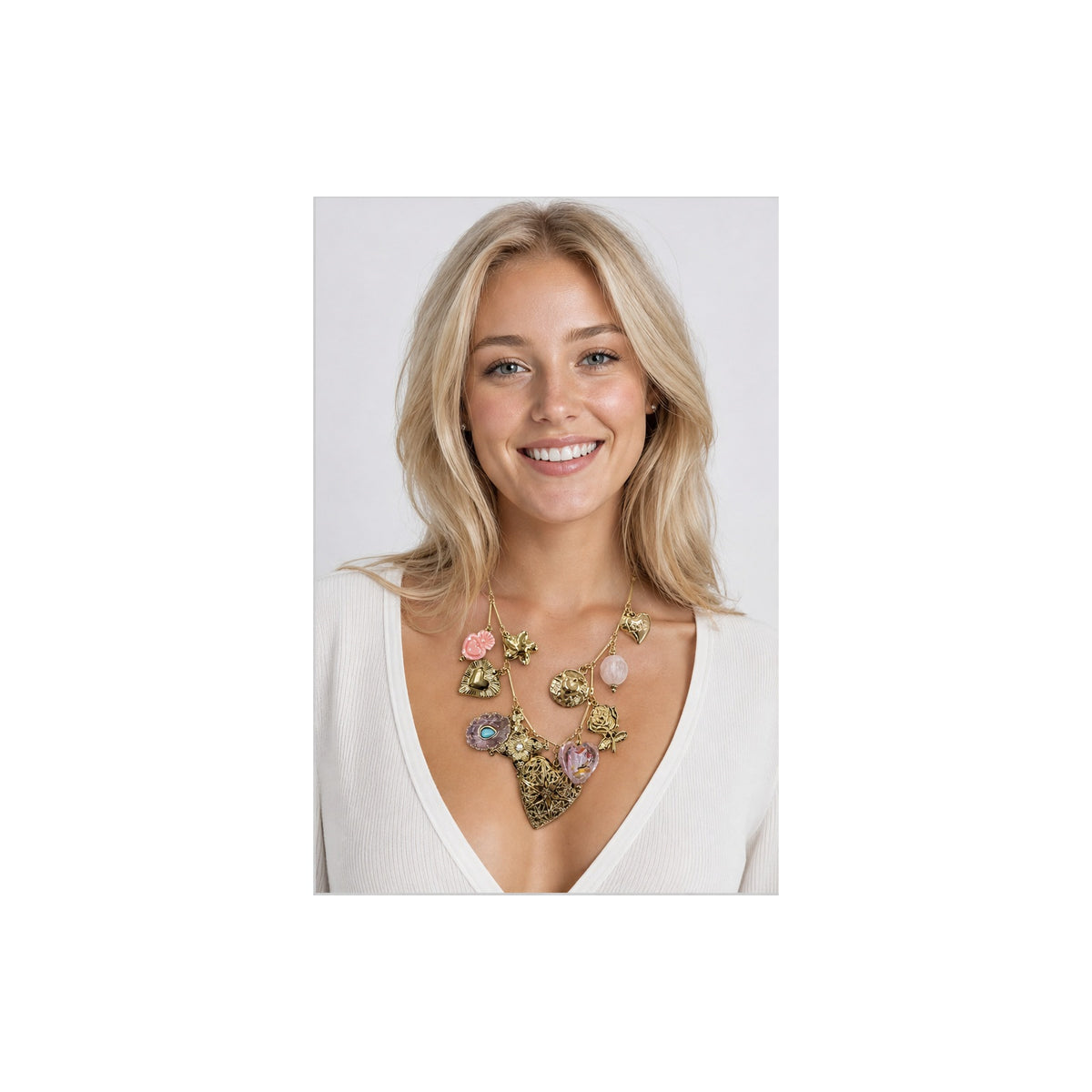 HS Ketting met Bedels en Kralen - Meerdere Uitvoeringen - Roze bedels - gedragen beeld