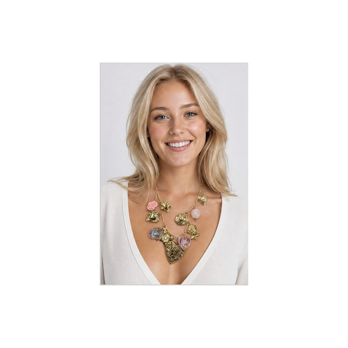 HS Ketting met Bedels en Kralen - Meerdere Uitvoeringen - Roze bedels - gedragen beeld