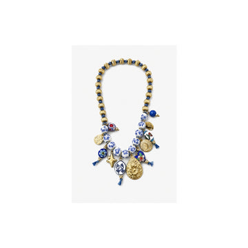 HS Ketting met Bedels en Kralen - Meerdere Uitvoeringen - Blauw goud bedels - vooraanzicht