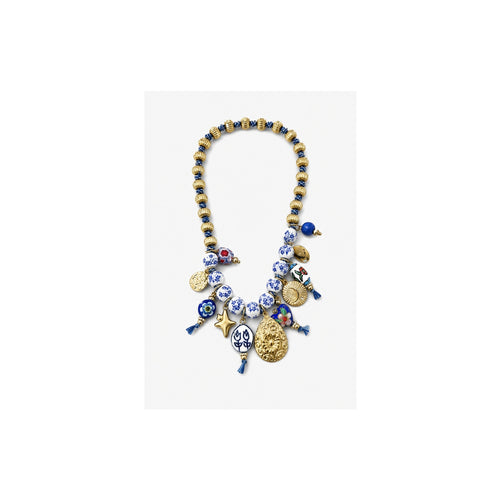 HS Ketting met Bedels en Kralen - Meerdere Uitvoeringen - Blauw goud bedels - vooraanzicht