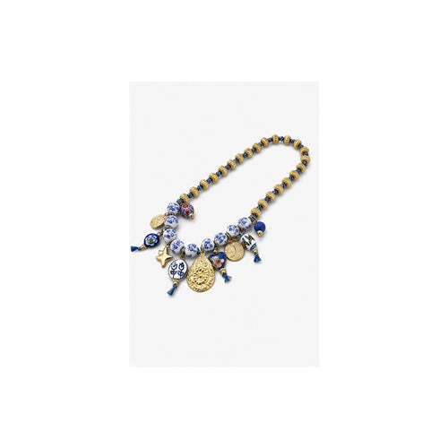 HS Ketting met Bedels en Kralen - Meerdere Uitvoeringen - Blauw goud bedels - zijaanzicht