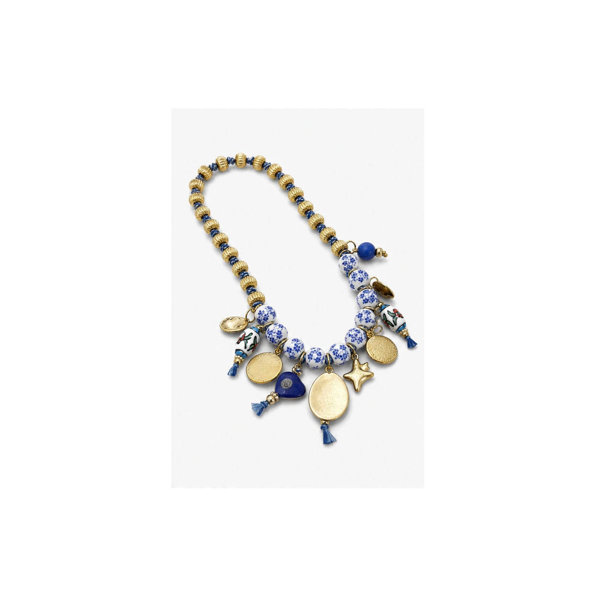 HS Ketting met Bedels en Kralen - Meerdere Uitvoeringen - Blauw goud bedels - achteraanzicht