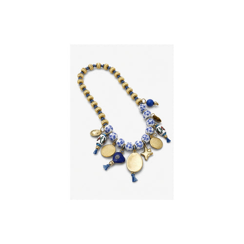 HS Ketting met Bedels en Kralen - Meerdere Uitvoeringen - Blauw goud bedels - achteraanzicht