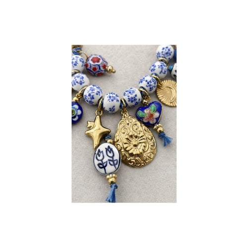 HS Ketting met Bedels en Kralen - Meerdere Uitvoeringen - Blauw goud bedels - detail