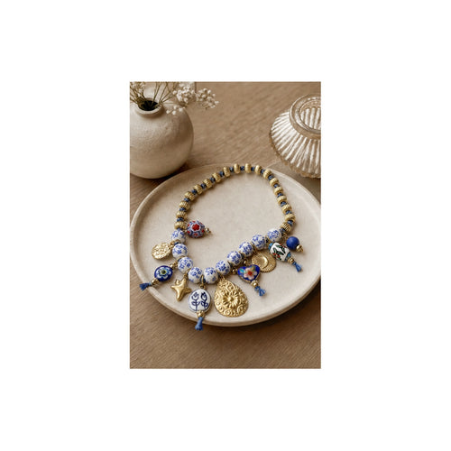 HS Ketting met Bedels en Kralen - Meerdere Uitvoeringen - Blauw goud bedels - sfeerbeeld