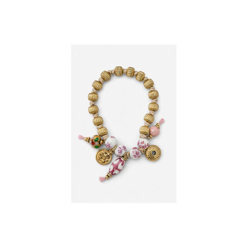 HS Ketting met Bedels en Kralen - Meerdere Uitvoeringen - Beige kralen bedels - vooraanzicht