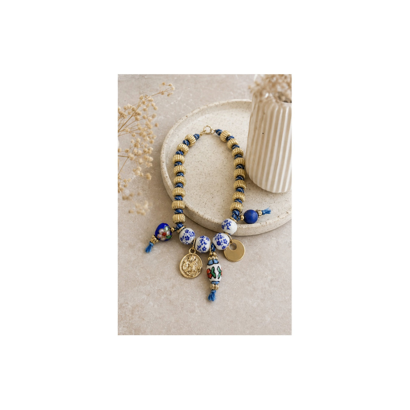 HS Ketting met Bedels en Kralen - Meerdere Uitvoeringen - Blauw kralen bedels - sfeerbeeld
