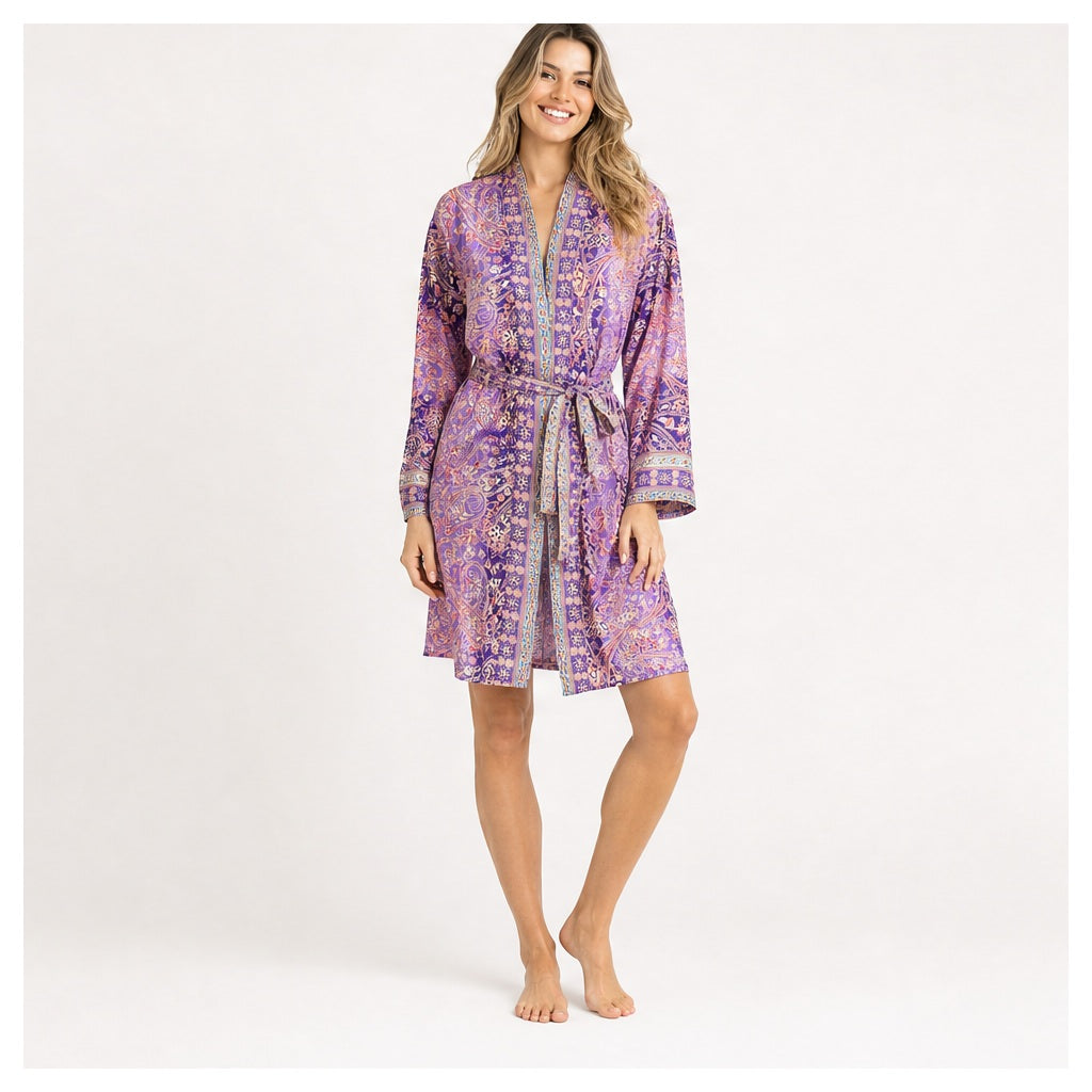 HS Kimono Kort - Meerdere Prints - Paars roze - gedragen op model
