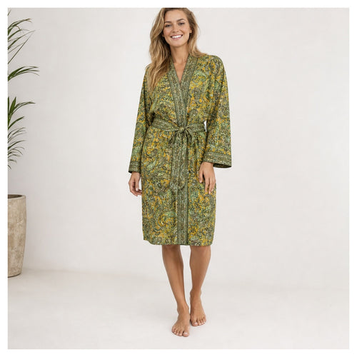 HS Kimono Kort - Meerdere Prints - Geel groen - gedragen op model