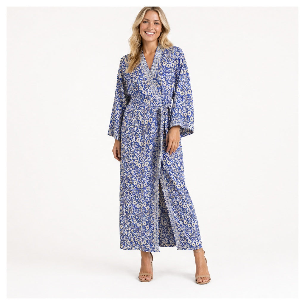 HS Kimono Lang - Meerdere Prints - Blauw paarse - gedragen op model