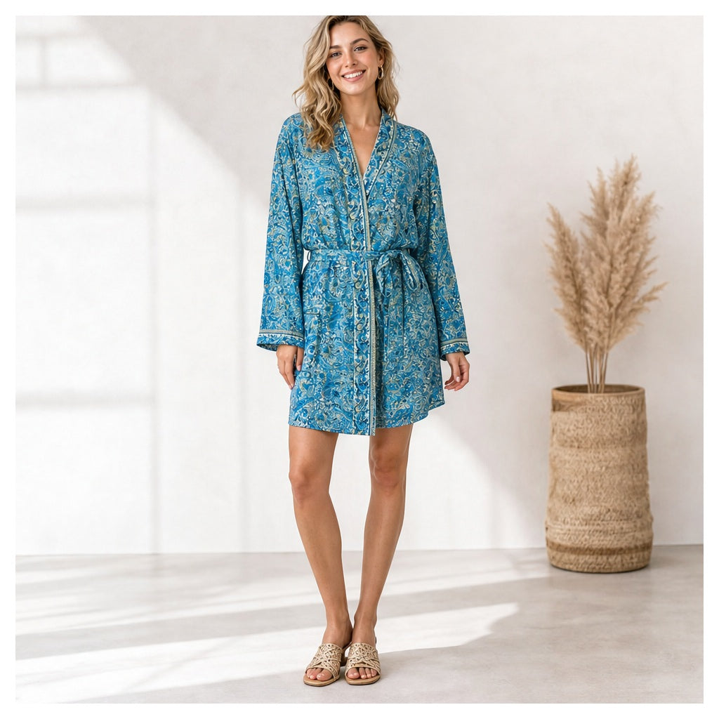 HS Kimono Middel - Meerdere Prints - Blauw - gedragen op model