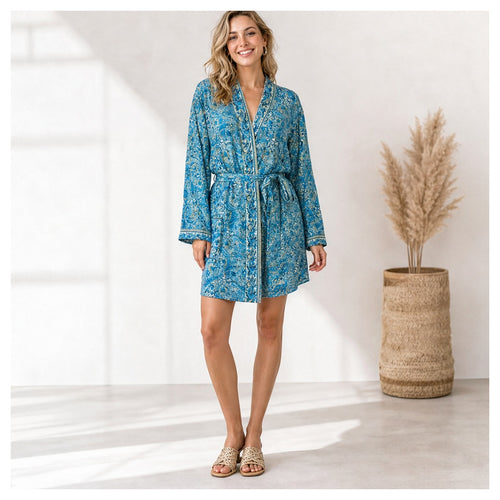 HS Kimono Middel - Meerdere Prints - Blauw - gedragen op model