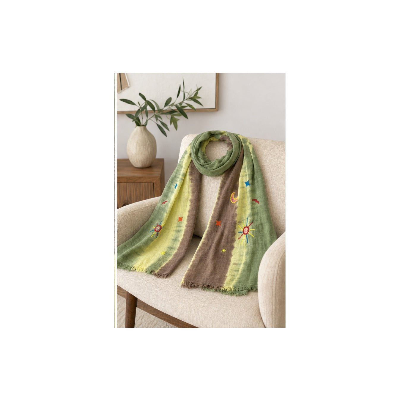 HS Lange Sjaal met Patches Handmade - Meerdere Kleuren - Groen bloemenpatch - sfeerbeeld