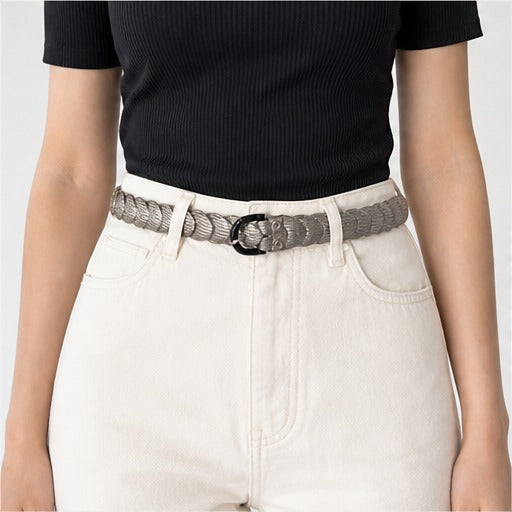 HS Riem Dames - Gevlochten en Elastisch - 5 Kleuren - Taupe Zwart Gevlochten - gedragen op model