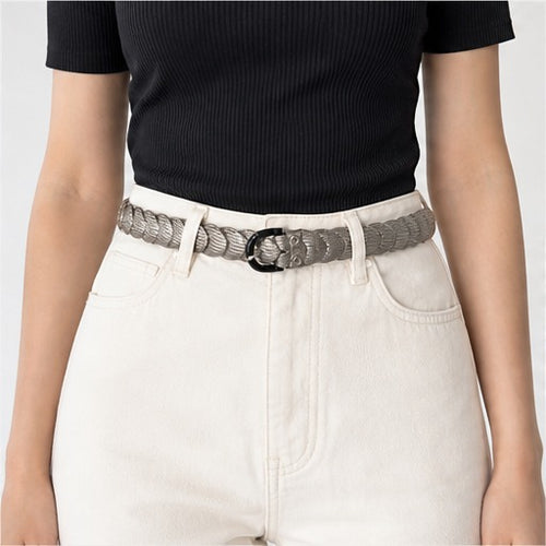 HS Riem Dames - Gevlochten en Elastisch - 5 Kleuren - Taupe Zwart Gevlochten - gedragen op model