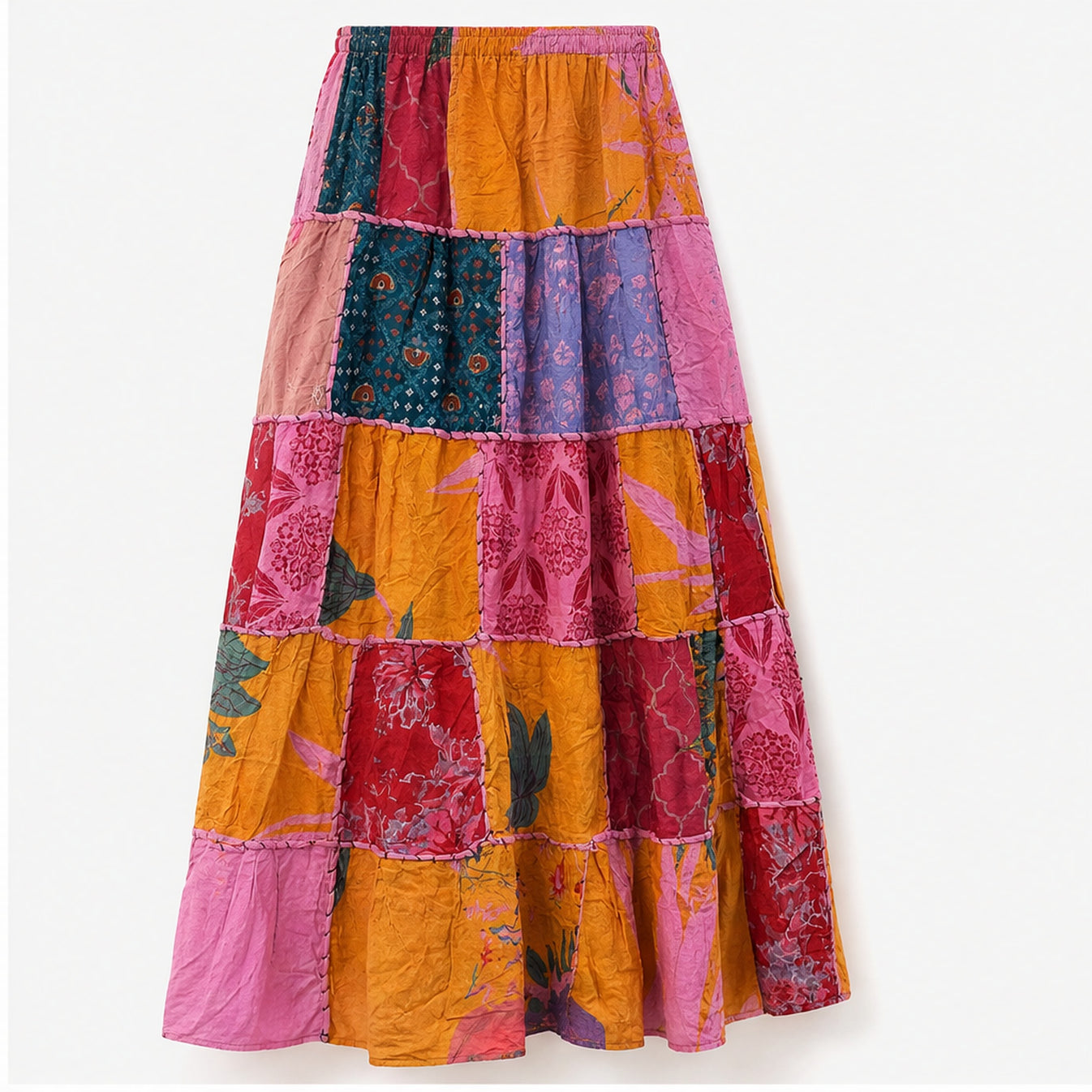 HS Rok Patchwork - Handmade in India - Roze/Oranje Patchwork - achteraanzicht
