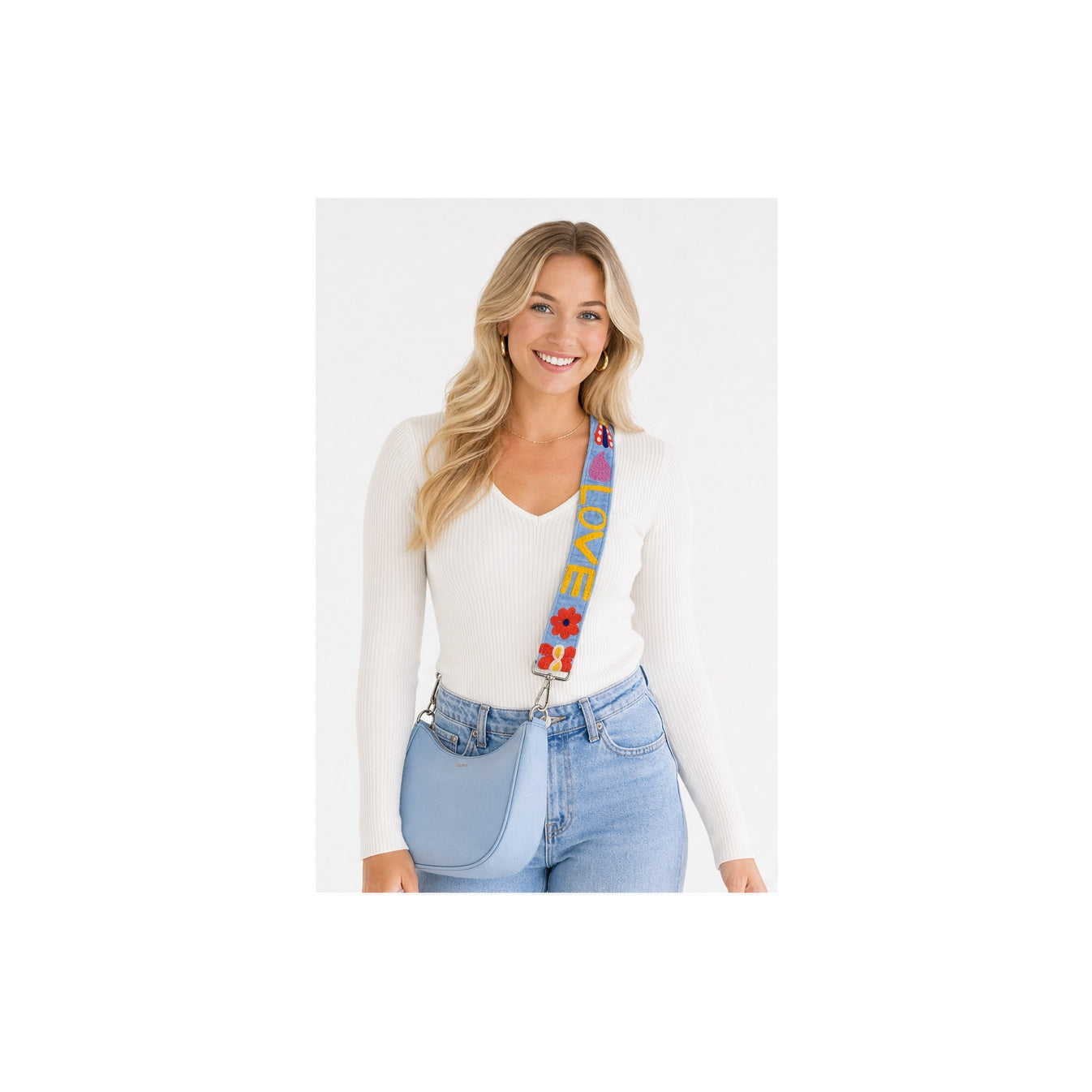 HS Tassenriem - Meerdere Prints - Love multicolor blauw - gedragen beeld