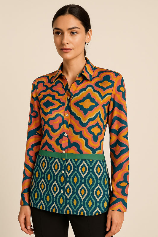 Angelle Milan - Multikleur travelstof Blouse voor Dames - Travelstof - Comfort - Strijkvrij - Duurzaam - In 5 maten! - Mapsy B.V