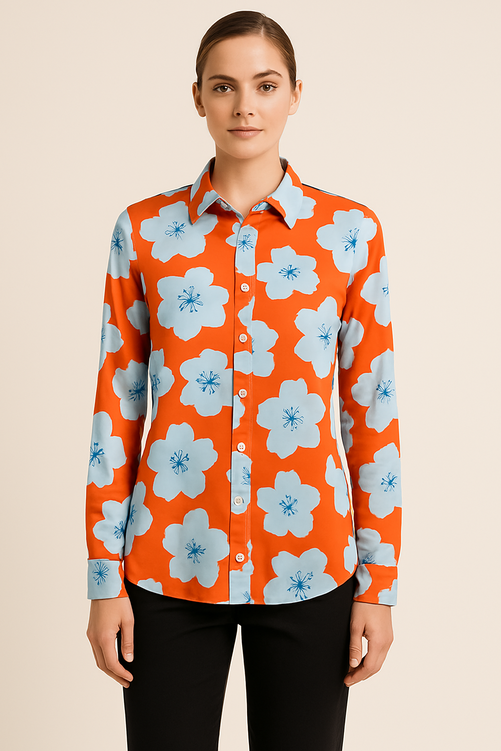 Angelle Milan - Oranje/Lichtblauwe travelstof Blouse voor Dames - Travelstof - Ademend - Kreukherstellend - Duurzaam - in 5 maten! - Mapsy B.V