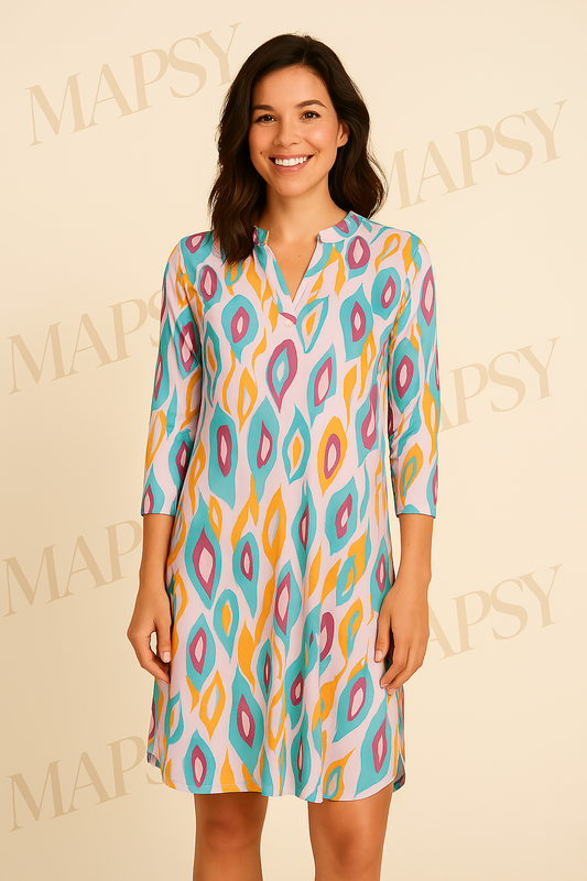Angelle Milan – travelstof tuniek voor dames – Paars/blauw/gele Jurk – Ademend – Kreukherstellend – Duurzame jurk - Mapsy B.V