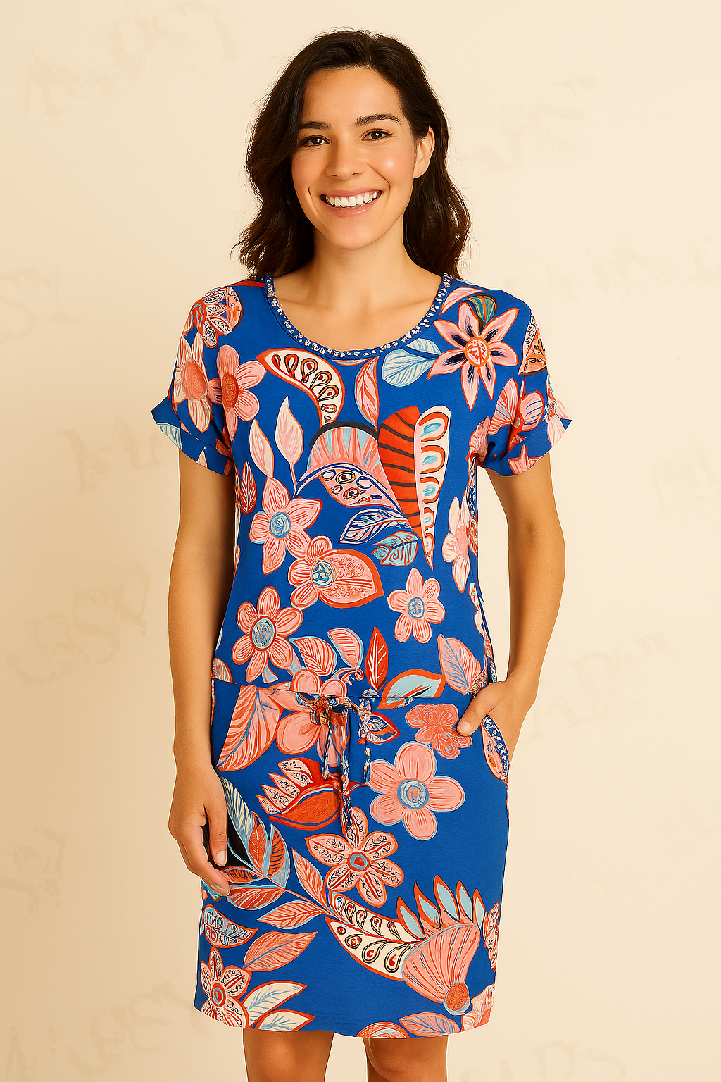 Angelle Milan – travelstof jurk voor dames – Rood/Blauwe Strik Jurk – Ademend – Kreukherstellend – Duurzame jurk - Mapsy B.V