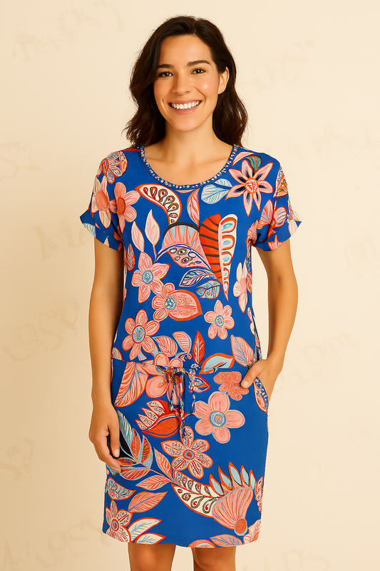 Angelle Milan – travelstof jurk voor dames – Rood/Blauwe Strik Jurk – Ademend – Kreukherstellend – Duurzame jurk - Mapsy B.V