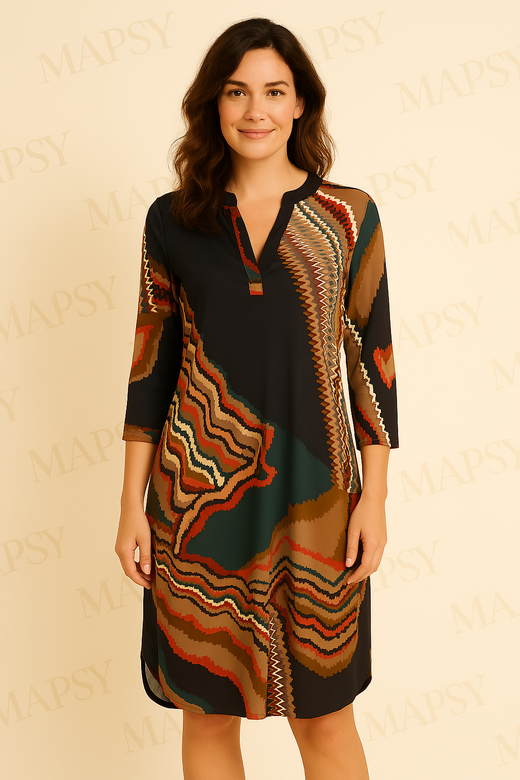 Angelle Milan - travelstof jurk - print Zeeblauw/Beige/Rood - Ademend - Kreukherstellend - Duurzame zomerjurk - Mapsy B.V