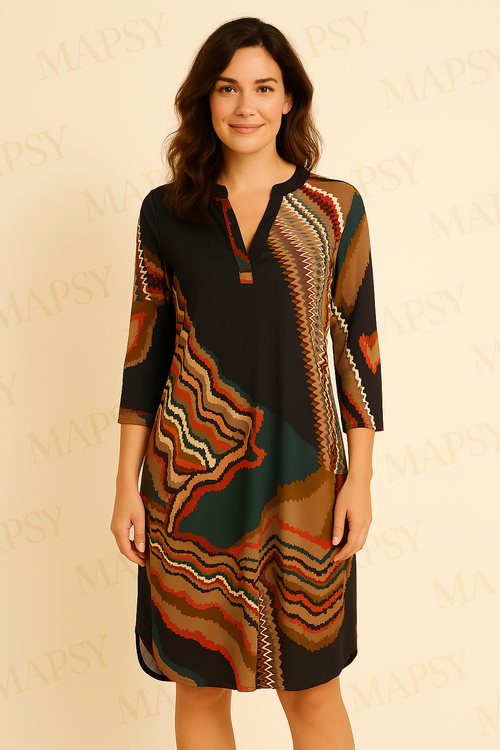 Angelle Milan - travelstof jurk - print Zeeblauw/Beige/Rood - Ademend - Kreukherstellend - Duurzame zomerjurk - Mapsy B.V