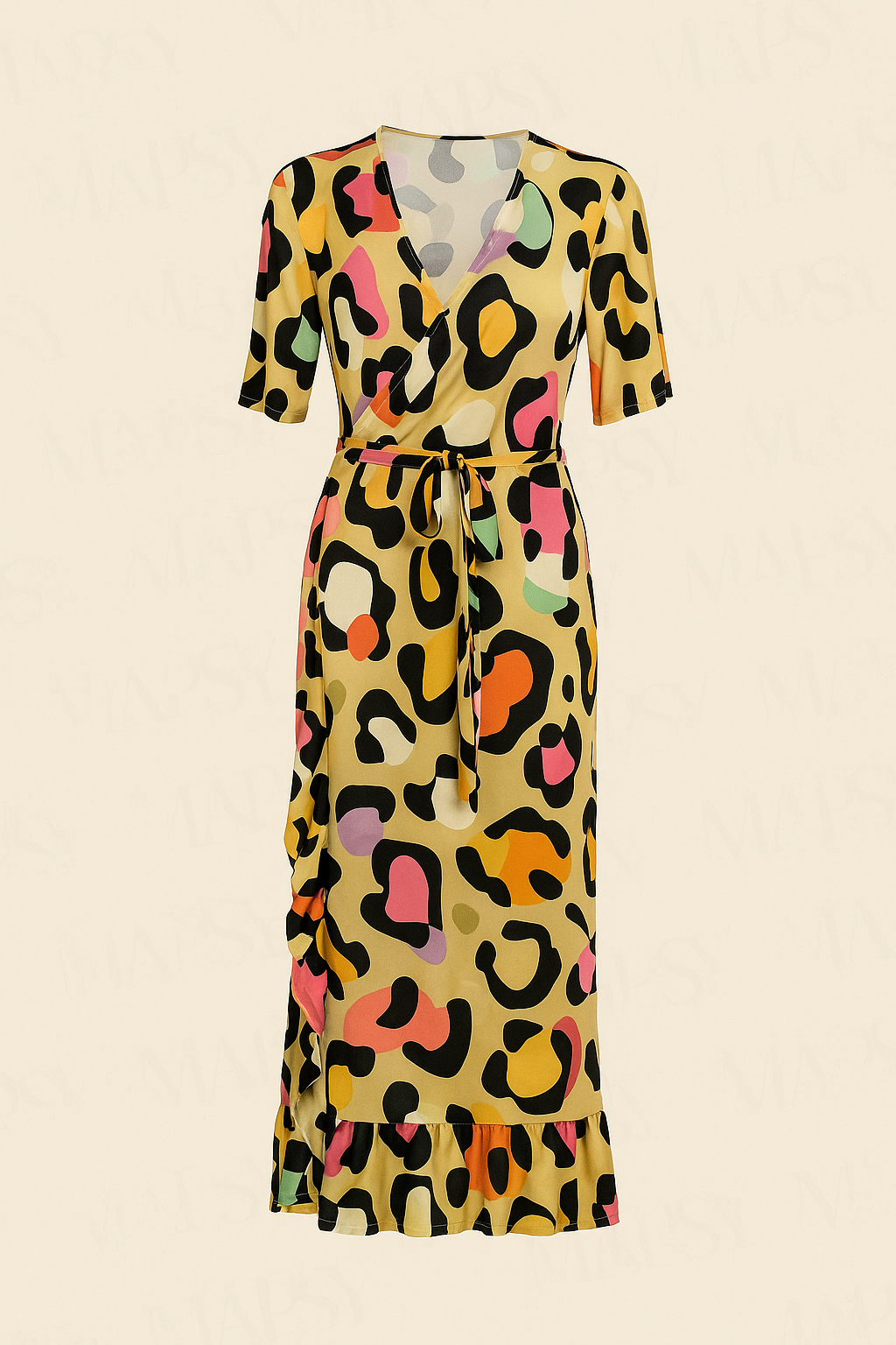 Angelle Milan - Lange travelstof jurk Geel met Pastel Kleuren - Travelstof - Rijk - Duurzaam In 5 maten - Mapsy B.V