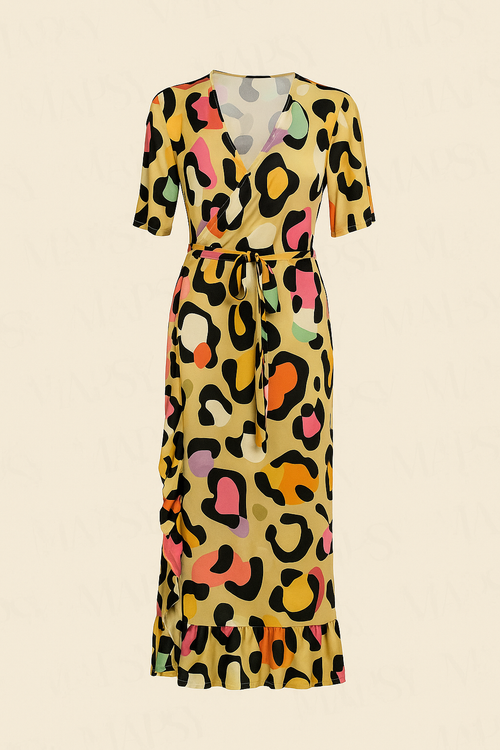 Angelle Milan - Lange travelstof jurk Geel met Pastel Kleuren - Travelstof - Rijk - Duurzaam In 5 maten - Mapsy B.V