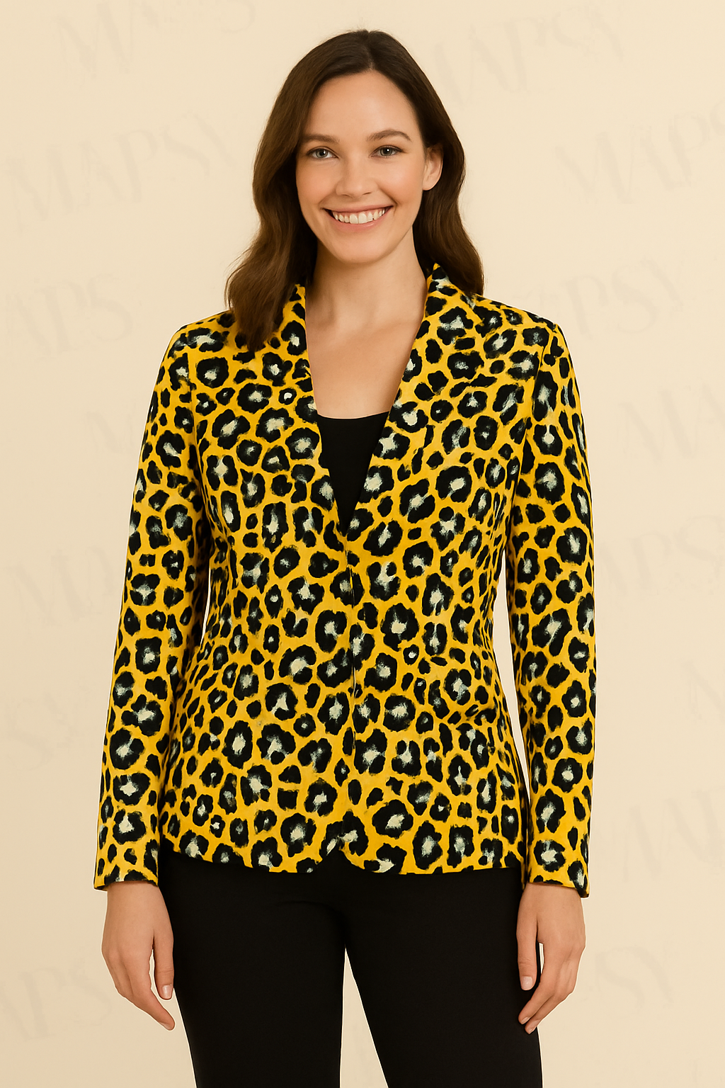 Angelle Milan - Geel-Zwarte bloemen print travelstof blazer voor Dames - Travelstof - Comfort - Strijkvrij - Duurzaam - In 5 maten! - Mapsy B.V