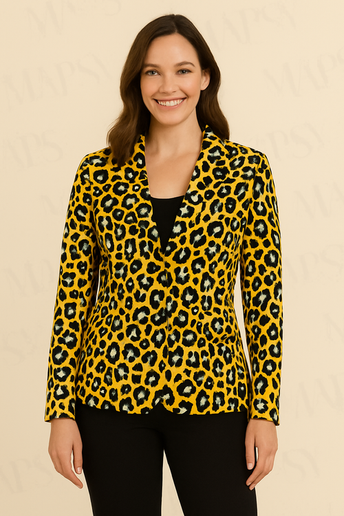 Angelle Milan - Geel-Zwarte bloemen print travelstof blazer voor Dames - Travelstof - Comfort - Strijkvrij - Duurzaam - In 5 maten! - Mapsy B.V