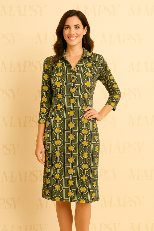 Angelle Milan - travelstof jurk voor dames - Groen/Gele Jurk - Ademend - Kreukherstellend - Duurzame zomerjurk - in 5 maten! - Mapsy B.V