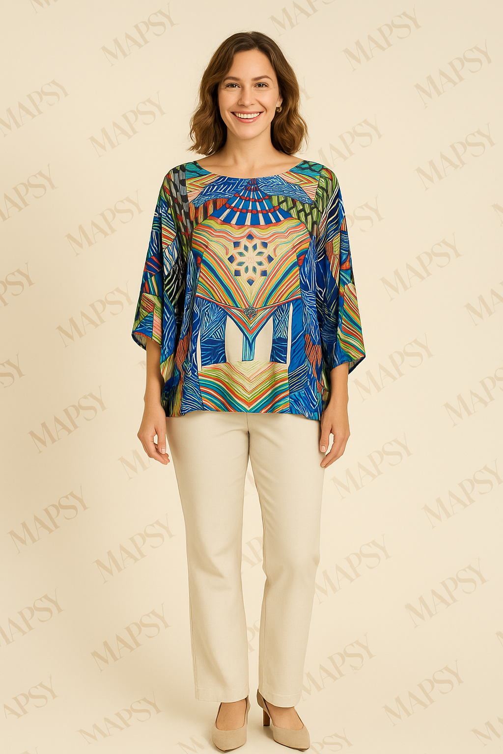 Soggo - Travelstof blouse - Multiprint blauwe blouse - Ademend - Kreukvrij - in 2 maten - Mapsy B.V
