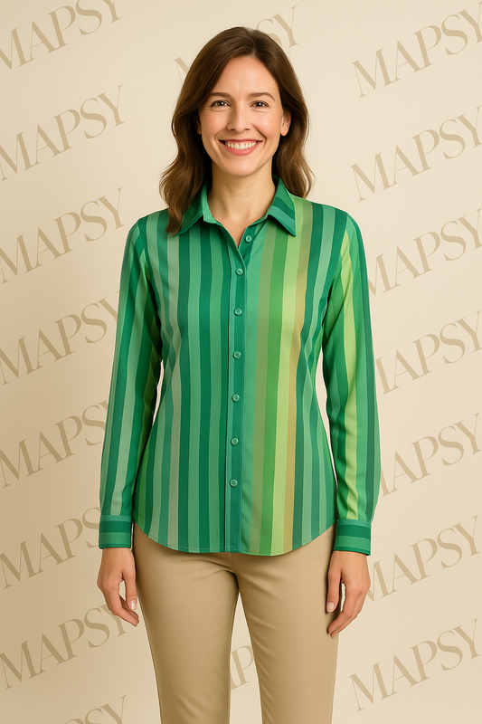 Angelle Milan - travelstof blouse - Streepjes Multi-Groene Blouse voor Dames - Travelstof - Ademend - Kreukherstellend - Duurzaam - in 5 maten! - Mapsy B.V