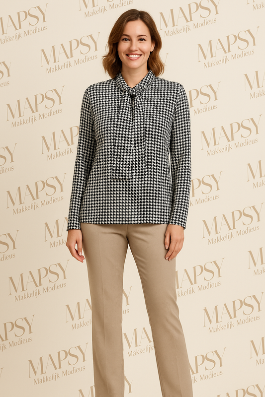 Angelle Milan – travelstof blouse – Zwart/Witte blouse met Koord – Ademend – Kreukvrij – Duurzame Blouse - Mapsy B.V