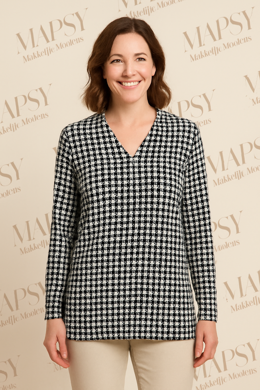 Angelle Milan – travelstof blouse – Zwart/Witte Patroon blouse – Ademend – Kreukvrij - Mapsy B.V