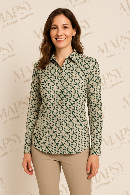 Angelle Milan - Beige/Groene travelstof Blouse voor Dames - Travelstof - Comfort - Strijkvrij - Duurzaam - In 5 maten! - Mapsy B.V