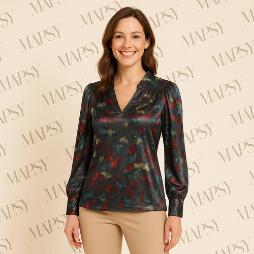 Royal Style – travelstof blouse – Grijs/Rode blouse – Ademend – Kreukvrij – Duurzame Blouse - Mapsy B.V
