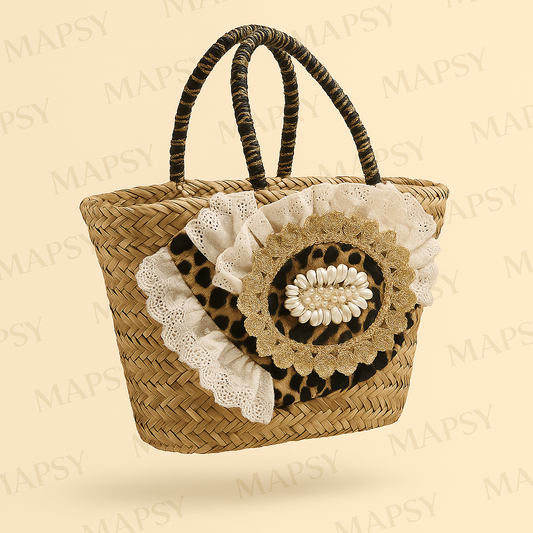 Rieten Shopper met Luipaardprint & Kant – Ibiza Chic Statement Bag - Mapsy B.V