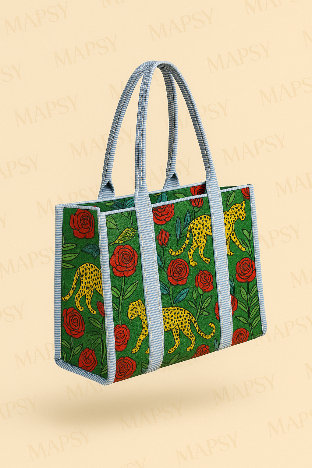 Jungle Rose Tote – Groene Draagtas met Rode Rozen & Gele Cheetahs | MAPSY.