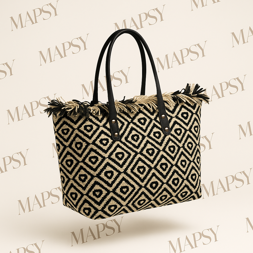 Mapsy - Schoudertas - Geweven Zwart-Beige Geometrisch Patroon Chic - One Size.