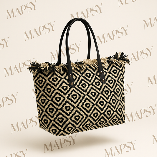Boho Nomad Tote – Etnisch Zand-Zwarte Handtas met Franjedetail - Mapsy B.V