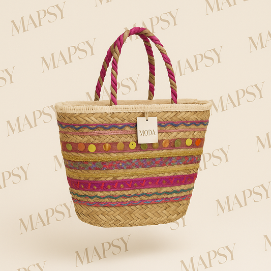Boho Glamour Rieten Tas – XL Ibiza Shopper met Pailletten & Pompons (54x30x18 cm) - Mapsy B.V