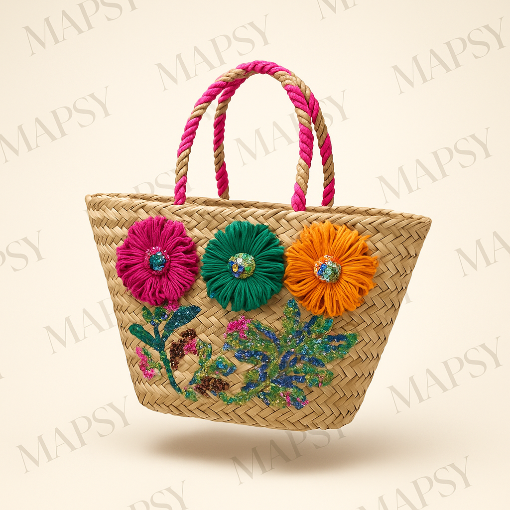 Mapsy - Schoudertas - Stro met Kleurrijke Bloemendecoratie - Multi.