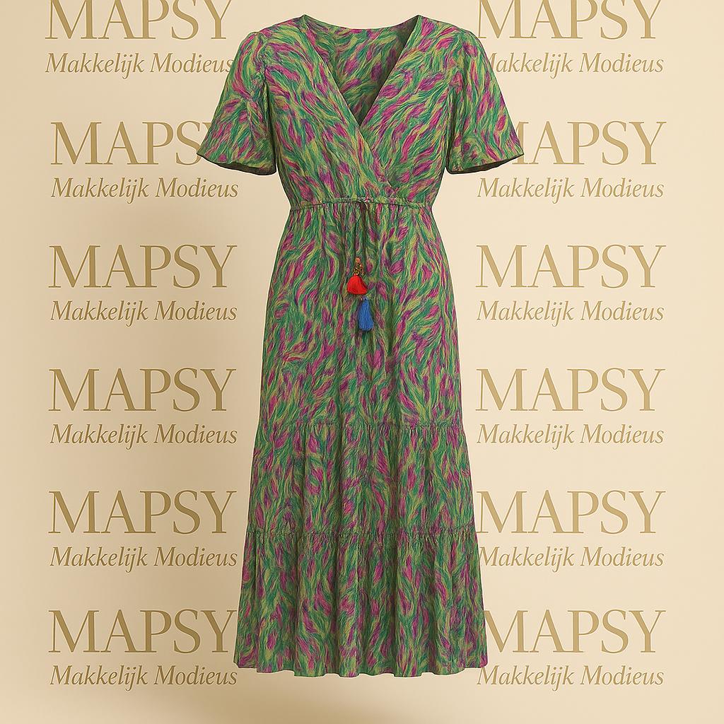 Maxi Jurk Groen Roze – Sensations Paris | One Size Zomerjurk met Sierkoord - Mapsy B.V
