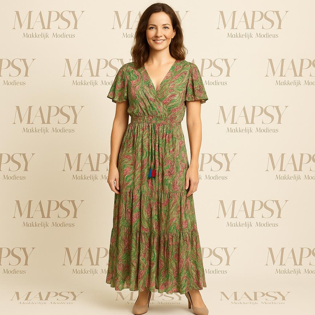Maxi Jurk Groen Roze – Sensations Paris | One Size Zomerjurk met Sierkoord - Mapsy B.V