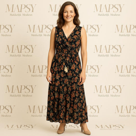 Zwarte Maxi Jurk met Bloemenprint – Sensations Paris | Mouwloos One Size Zomerjurk - Mapsy B.V